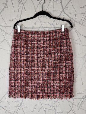 Talbots Pink Plaid Boucle Tweed Fringe Pencil Skirt